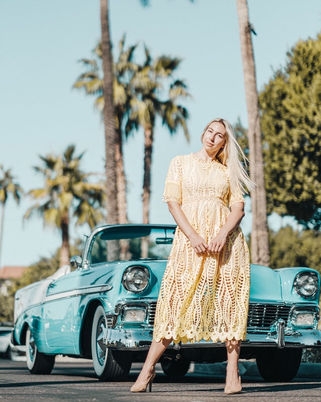 Revival Laser Cut Dress -Yellow