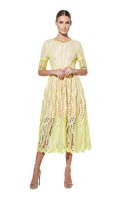 yellow laser cut dress NEW Shein M 6 Canary Dress Yellow Laser Cut Sundress Mini Boho Cottage Coastal