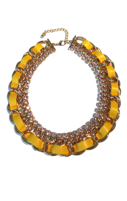Gold Yellow Leather with Crystal - Necklace